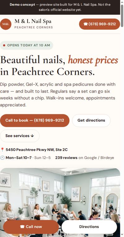 Mobile view of the demo website built for M & L Nail Spa in Peachtree Corners