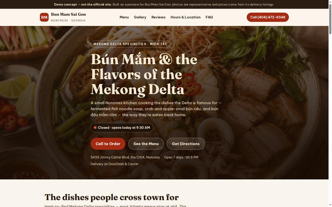 Screenshot of the demo website built for Bun Mam Sai Gon restaurant in Norcross, showing its homepage with Mekong Delta noodle soups