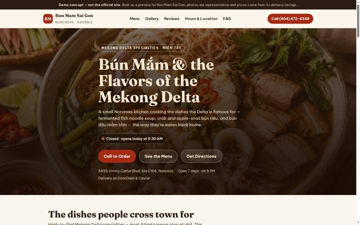Screenshot of the demo website built for Bun Mam Sai Gon