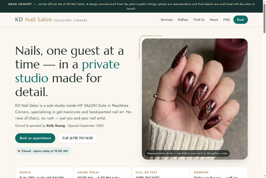 Screenshot of the demo website built for KD Nail Salon, showing its Book an appointment button