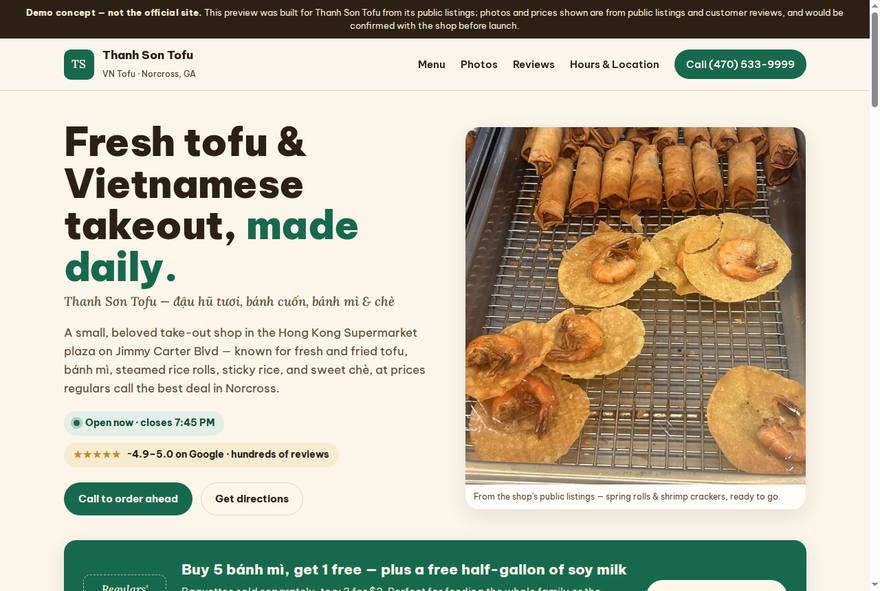 Screenshot of the demo website homepage built for Thanh Son Tofu in Norcross